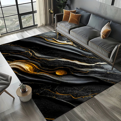 Marble Stone Carpet Rug - Modern Black White Gold Polyester Velvet Area Rug for Living Room - ZOOMNSTORE