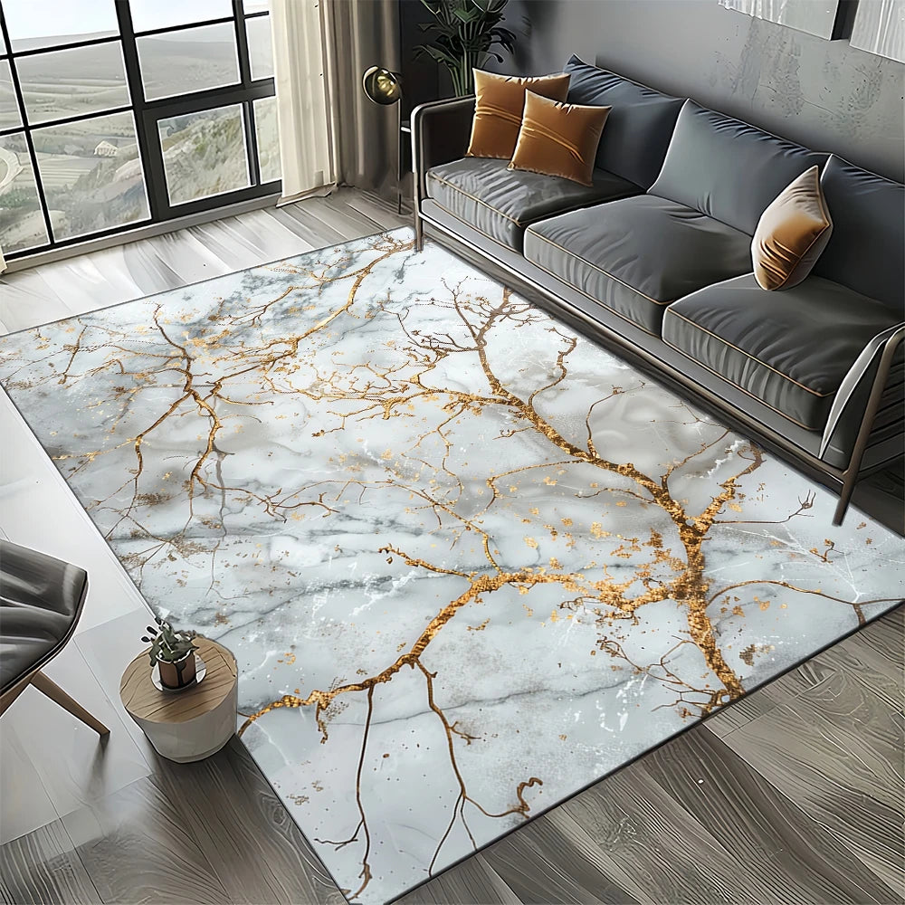 Marble Stone Carpet Rug - Modern Black White Gold Polyester Velvet Area Rug for Living Room - ZOOMNSTORE