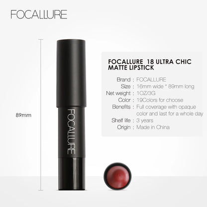 Focallure Matte Lipstick - Waterproof Soft Texture Lip Makeup in 19 Colors - ZOOMNSTORE