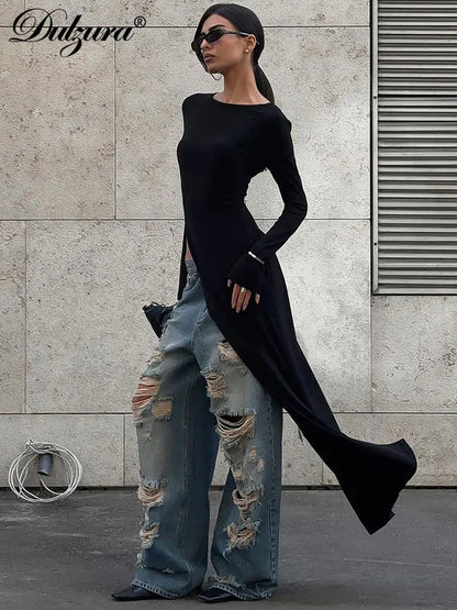Long Sleeve High Slit Maxi Dress - Solid Sexy Autumn Winter Party Outfit - ZOOMNSTORE