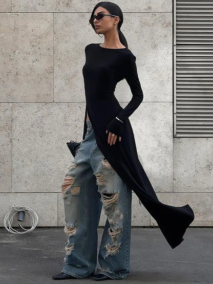Long Sleeve High Slit Maxi Dress - Solid Sexy Autumn Winter Party Outfit - ZOOMNSTORE