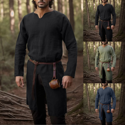 Medieval Renaissance Retro Linen Shirt Tops Tunic Male Long Robes Dress Vintage Jackets Knight Vikings Pirate Cosplay Costumes - ZOOMNSTORE
