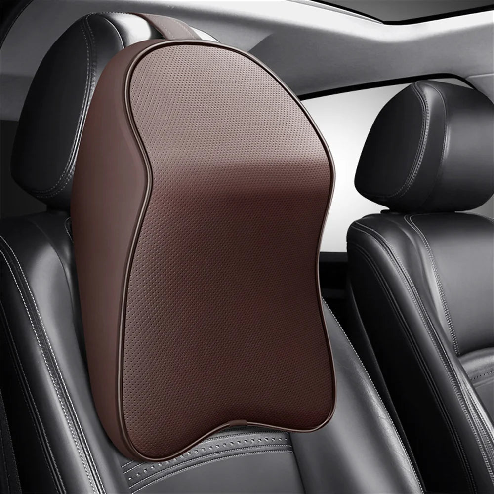 Memory Foam Neck Pillow – 3D Nappa Leather PU Headrest for Car Neck Support - ZOOMNSTORE