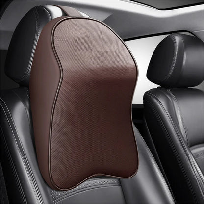 Memory Foam Neck Pillow – 3D Nappa Leather PU Headrest for Car Neck Support - ZOOMNSTORE