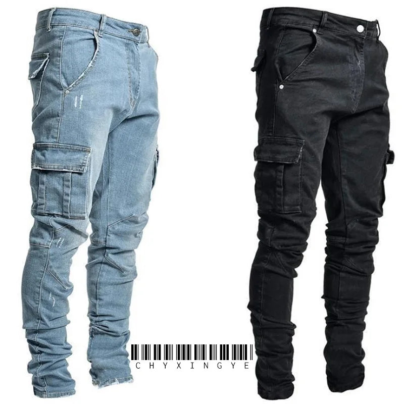 Men Cargo Jeans - Mid Waist Denim Pants With Multi Pockets | Casual Plus Size - ZOOMNSTORE