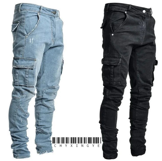 Men Cargo Jeans - Mid Waist Denim Pants With Multi Pockets | Casual Plus Size - ZOOMNSTORE