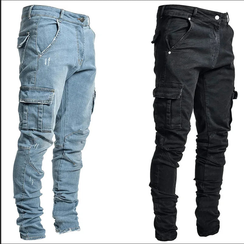 Men Cargo Jeans - Mid Waist Denim Pants With Multi Pockets | Casual Plus Size - ZOOMNSTORE