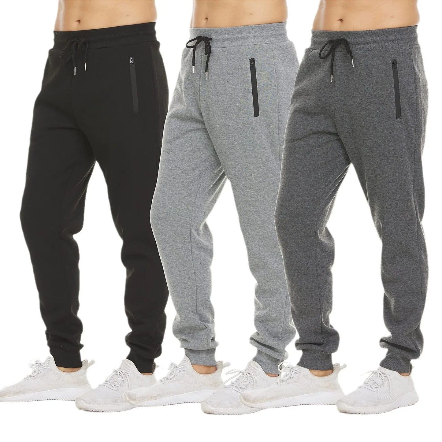 Mens Cargo Sweatpants - Solid Color Streetwear Trousers with Drawstring and Zipper Pockets - ZOOMNSTORE