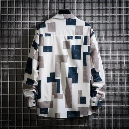 Men Casual Shirts - Plaid Long Sleeve Square Collar Button Front Shirt - ZOOMNSTORE