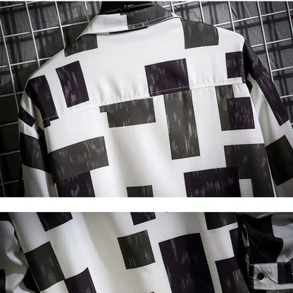 Men Casual Shirts - Plaid Long Sleeve Square Collar Button Front Shirt - ZOOMNSTORE