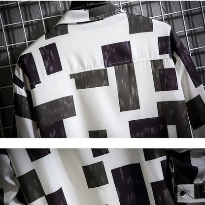 Men Casual Shirts - Plaid Long Sleeve Square Collar Button Front Shirt - ZOOMNSTORE