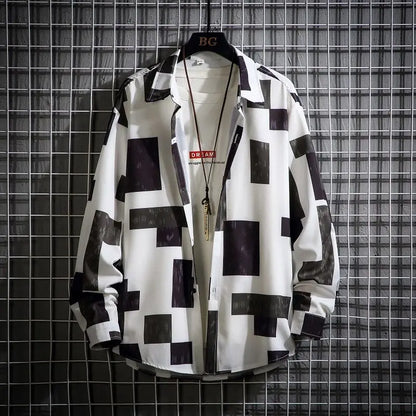 Men Casual Shirts - Plaid Long Sleeve Square Collar Button Front Shirt - ZOOMNSTORE