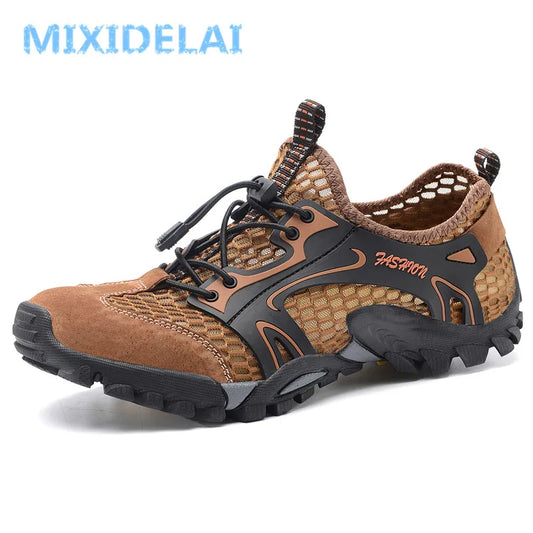 Big Size Mens Casual Sneakers - Breathable Mesh Leather Walking Shoes - ZOOMNSTORE