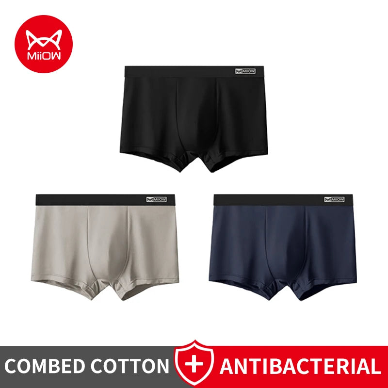 Men Cotton Boxer Briefs - 3Pcs Comfortable Breathable Solid Pattern Boxers - ZOOMNSTORE