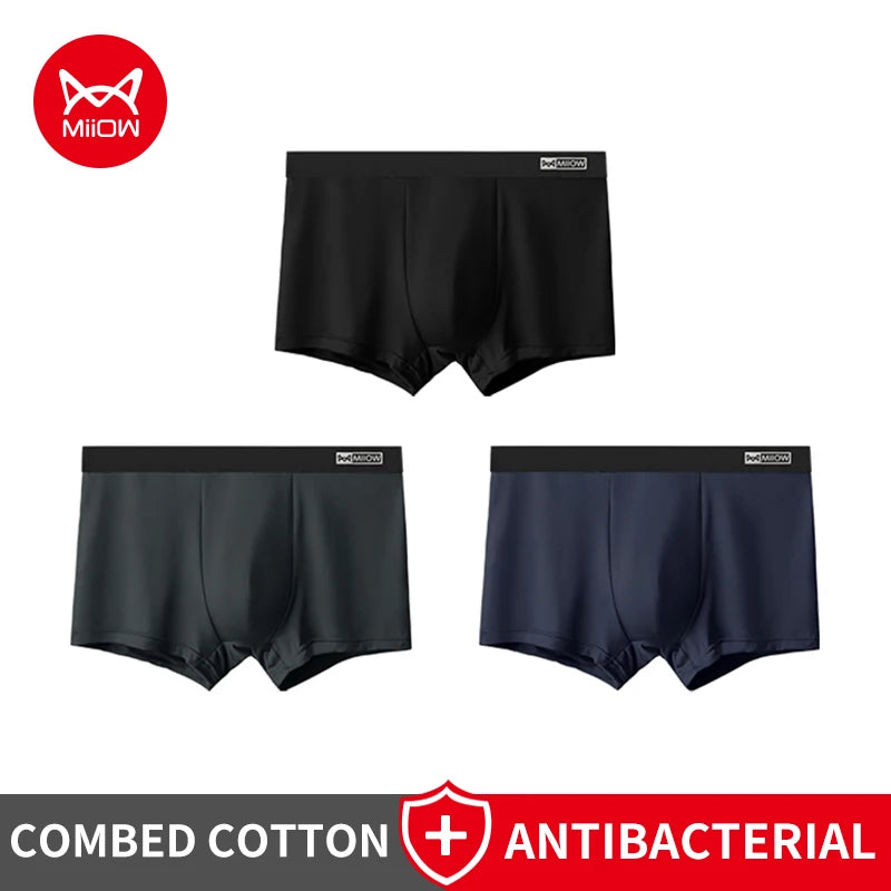 Men Cotton Boxer Briefs - 3Pcs Comfortable Breathable Solid Pattern Boxers - ZOOMNSTORE