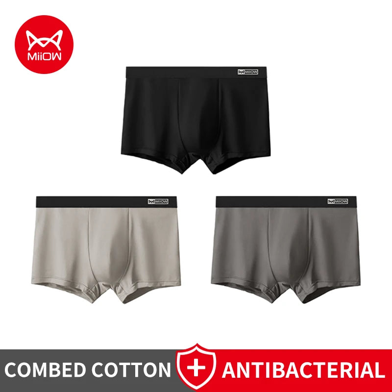 Men Cotton Boxer Briefs - 3Pcs Comfortable Breathable Solid Pattern Boxers - ZOOMNSTORE
