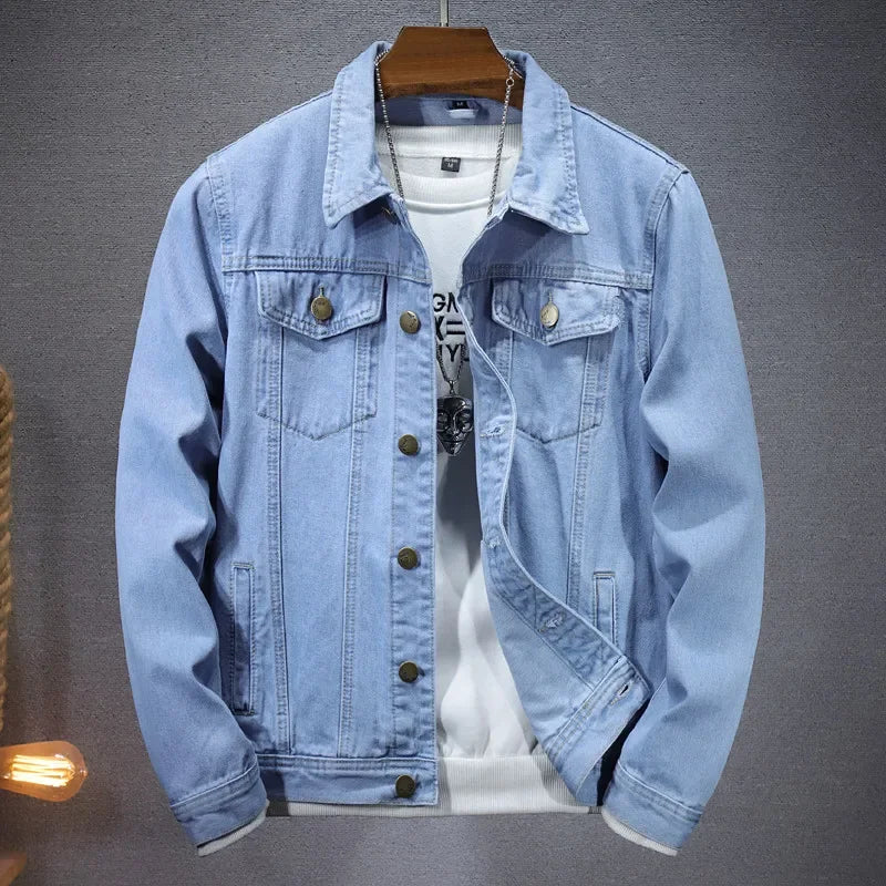 2025 New Men Pure Colour Denim Jacket Single-breasted Lapel Daily Casual Simple Coats - ZOOMNSTORE
