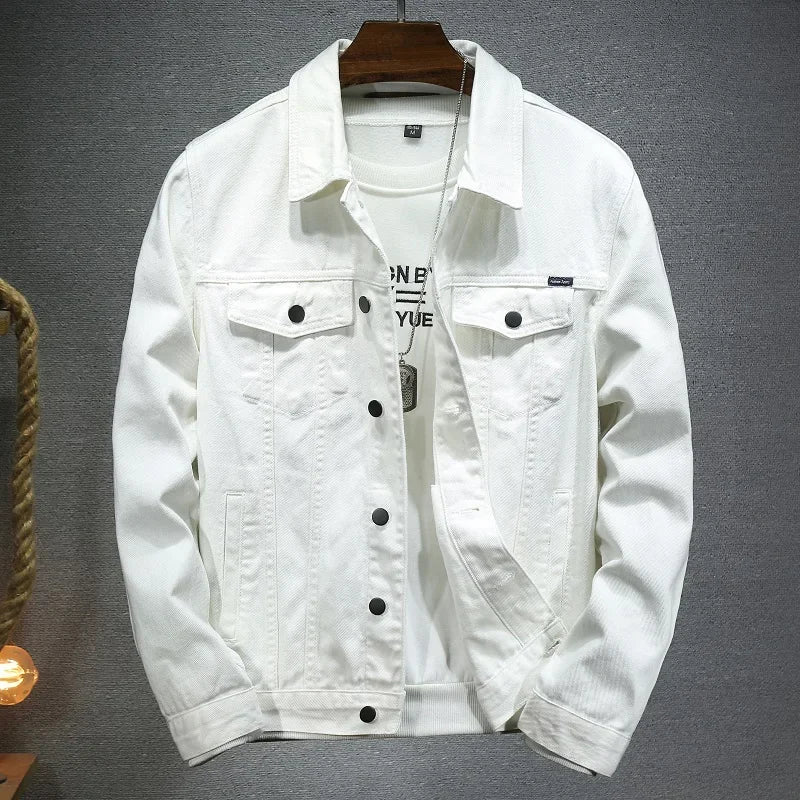 2025 New Men Pure Colour Denim Jacket Single-breasted Lapel Daily Casual Simple Coats - ZOOMNSTORE