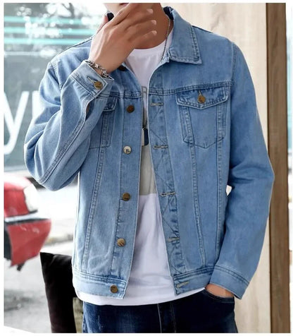 2025 New Men Pure Colour Denim Jacket Single-breasted Lapel Daily Casual Simple Coats - ZOOMNSTORE