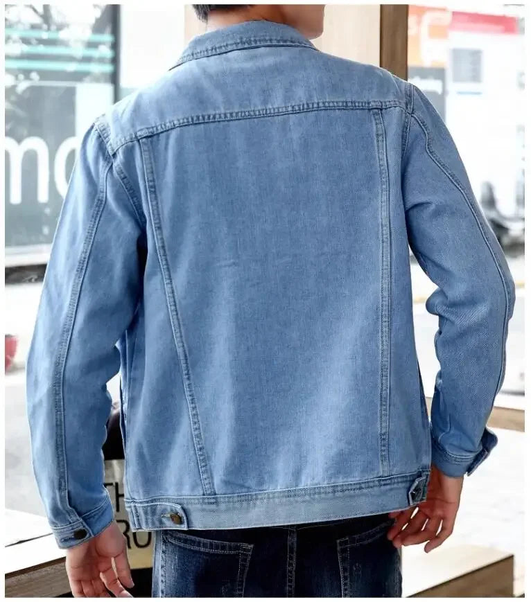 2025 New Men Pure Colour Denim Jacket Single-breasted Lapel Daily Casual Simple Coats - ZOOMNSTORE