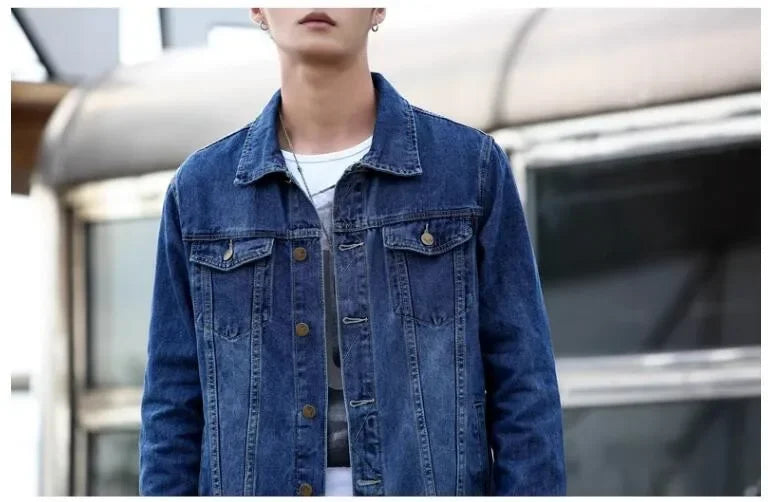 2025 New Men Pure Colour Denim Jacket Single-breasted Lapel Daily Casual Simple Coats - ZOOMNSTORE