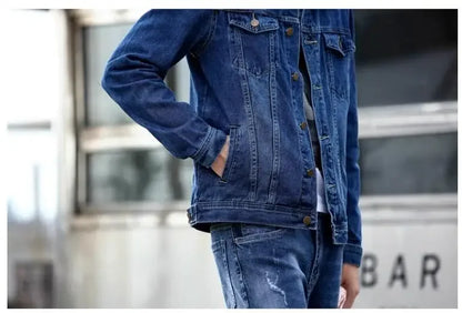 2025 New Men Pure Colour Denim Jacket Single-breasted Lapel Daily Casual Simple Coats - ZOOMNSTORE