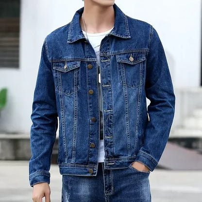 2025 New Men Pure Colour Denim Jacket Single-breasted Lapel Daily Casual Simple Coats - ZOOMNSTORE