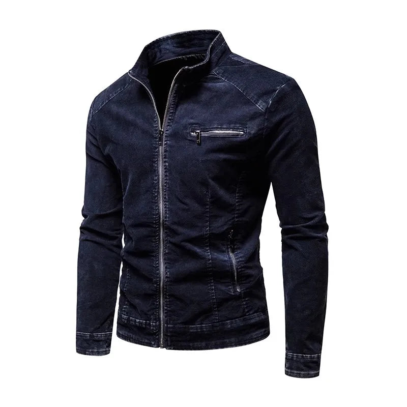 Men Denim Jacket - Slim Fit Cotton Moto Biker Zipper Coat With Stand Collar - ZOOMNSTORE