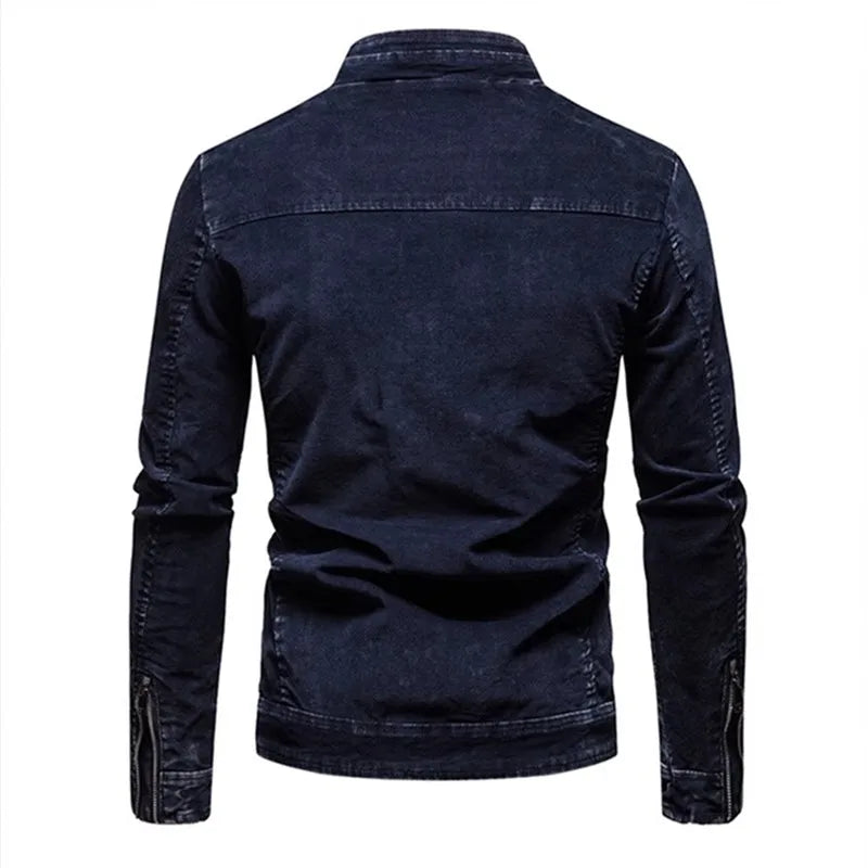 Men Denim Jacket - Slim Fit Cotton Moto Biker Zipper Coat With Stand Collar - ZOOMNSTORE