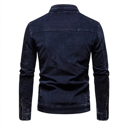 Men Denim Jacket - Slim Fit Cotton Moto Biker Zipper Coat With Stand Collar - ZOOMNSTORE