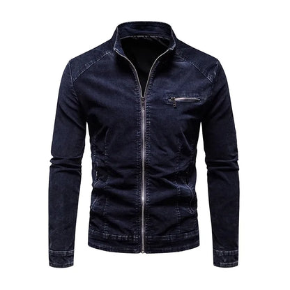 Men Denim Jacket - Slim Fit Cotton Moto Biker Zipper Coat With Stand Collar - ZOOMNSTORE