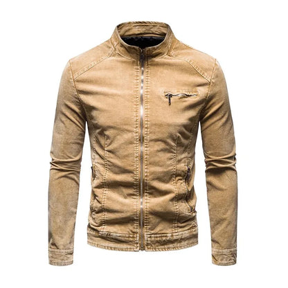 Men Denim Jacket - Slim Fit Cotton Moto Biker Zipper Coat With Stand Collar - ZOOMNSTORE