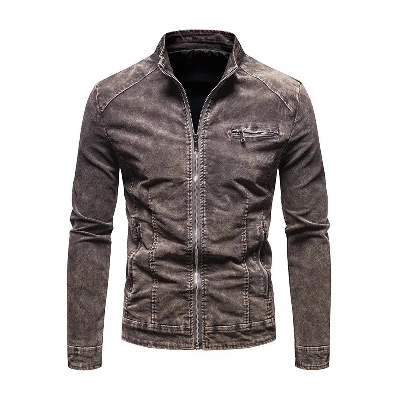 Men Denim Jacket - Slim Fit Cotton Moto Biker Zipper Coat With Stand Collar - ZOOMNSTORE