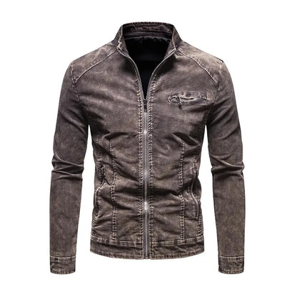 Men Denim Jacket - Slim Fit Cotton Moto Biker Zipper Coat With Stand Collar - ZOOMNSTORE