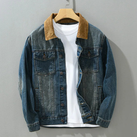 Patchwork Denim Jackets for Men Spring Autumn American Vintage Casual Slim Fit Workwear Distressed Old Washed Jeans Tops Outwear - ZOOMNSTORE