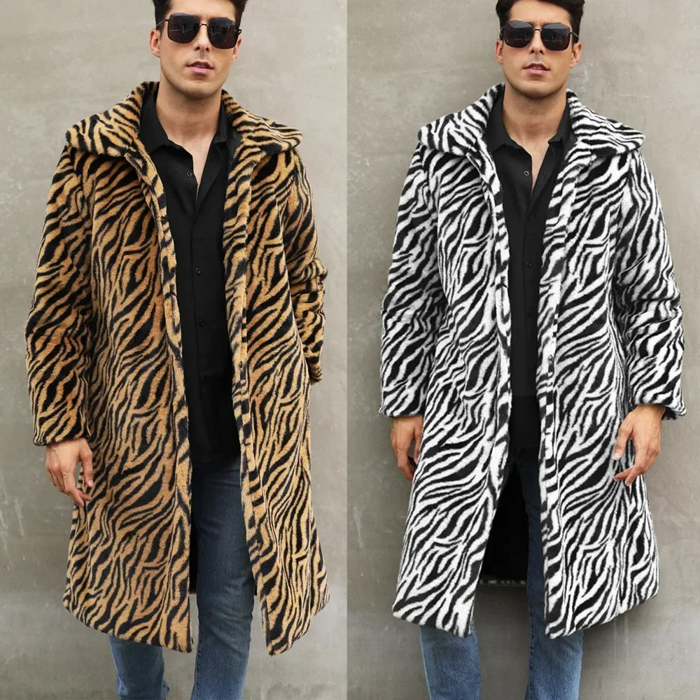 Men Faux Fur Jacket - Thick Warm Winter Coat With Zebra Stripe Fluffy Outerwear - ZOOMNSTORE