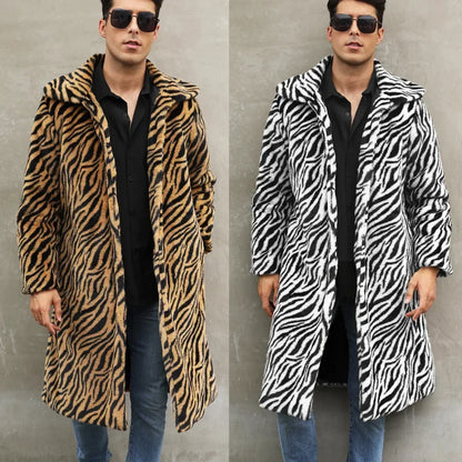 Men Faux Fur Jacket - Thick Warm Winter Coat With Zebra Stripe Fluffy Outerwear - ZOOMNSTORE