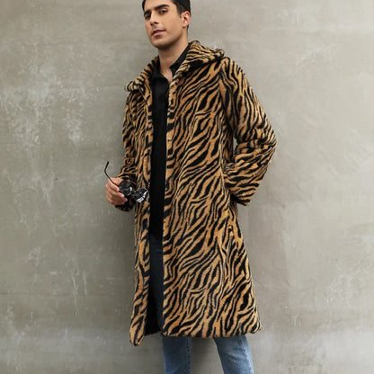 Men Faux Fur Jacket - Thick Warm Winter Coat With Zebra Stripe Fluffy Outerwear - ZOOMNSTORE