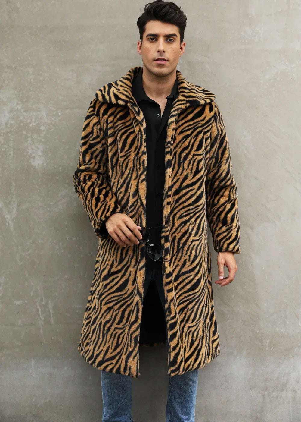 Men Faux Fur Jacket - Thick Warm Winter Coat With Zebra Stripe Fluffy Outerwear - ZOOMNSTORE