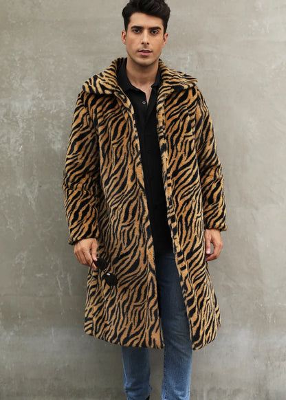 Men Faux Fur Jacket - Thick Warm Winter Coat With Zebra Stripe Fluffy Outerwear - ZOOMNSTORE