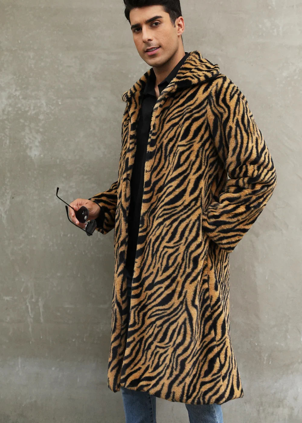 Men Faux Fur Jacket - Thick Warm Winter Coat With Zebra Stripe Fluffy Outerwear - ZOOMNSTORE