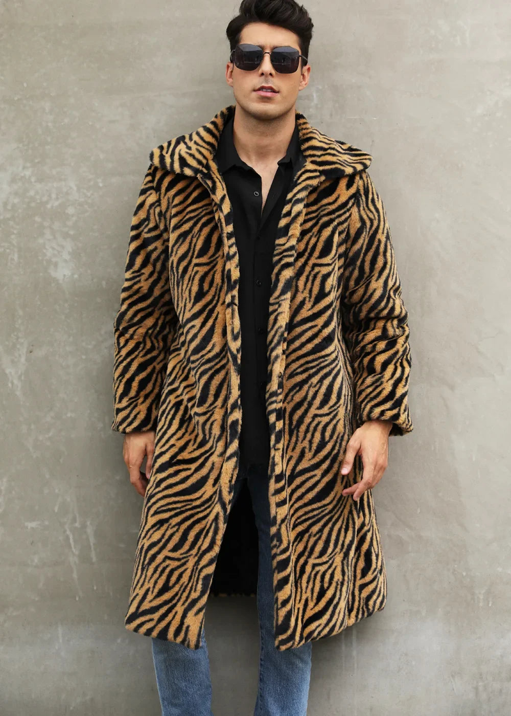 Men Faux Fur Jacket - Thick Warm Winter Coat With Zebra Stripe Fluffy Outerwear - ZOOMNSTORE