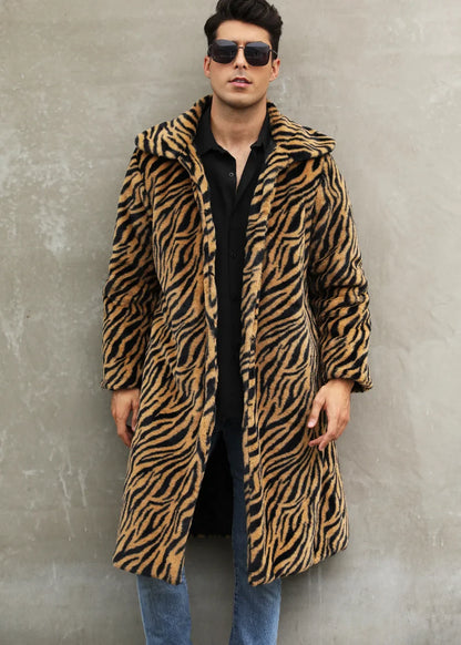 Men Faux Fur Jacket - Thick Warm Winter Coat With Zebra Stripe Fluffy Outerwear - ZOOMNSTORE