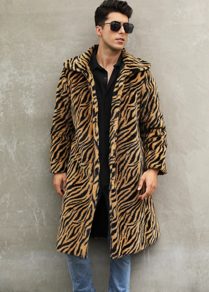 Men Faux Fur Jacket - Thick Warm Winter Coat With Zebra Stripe Fluffy Outerwear - ZOOMNSTORE