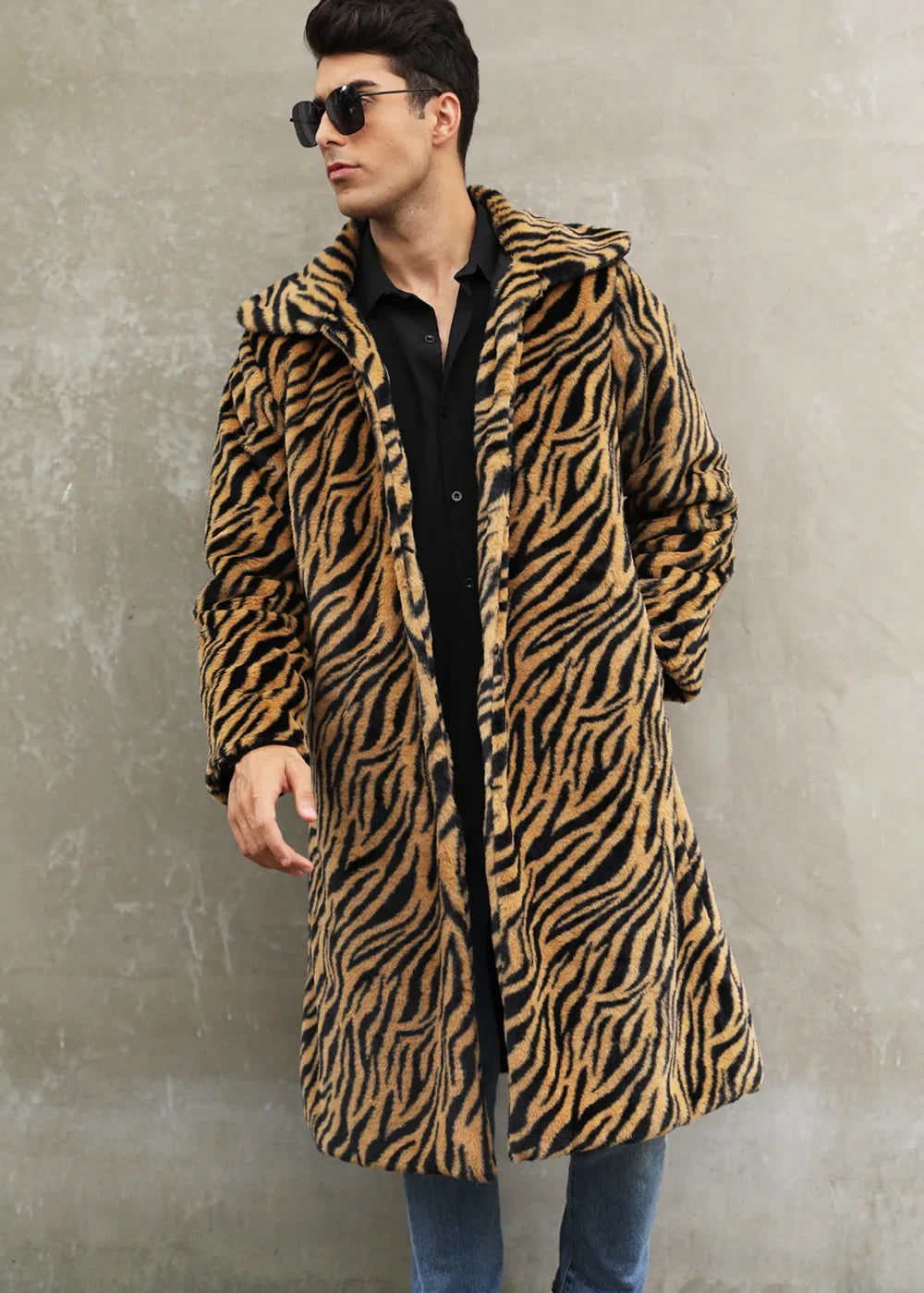Men Faux Fur Jacket - Thick Warm Winter Coat With Zebra Stripe Fluffy Outerwear - ZOOMNSTORE