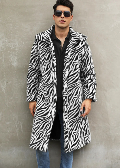 Men Faux Fur Jacket - Thick Warm Winter Coat With Zebra Stripe Fluffy Outerwear - ZOOMNSTORE