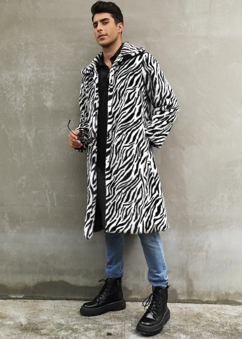 Men Faux Fur Jacket - Thick Warm Winter Coat With Zebra Stripe Fluffy Outerwear - ZOOMNSTORE