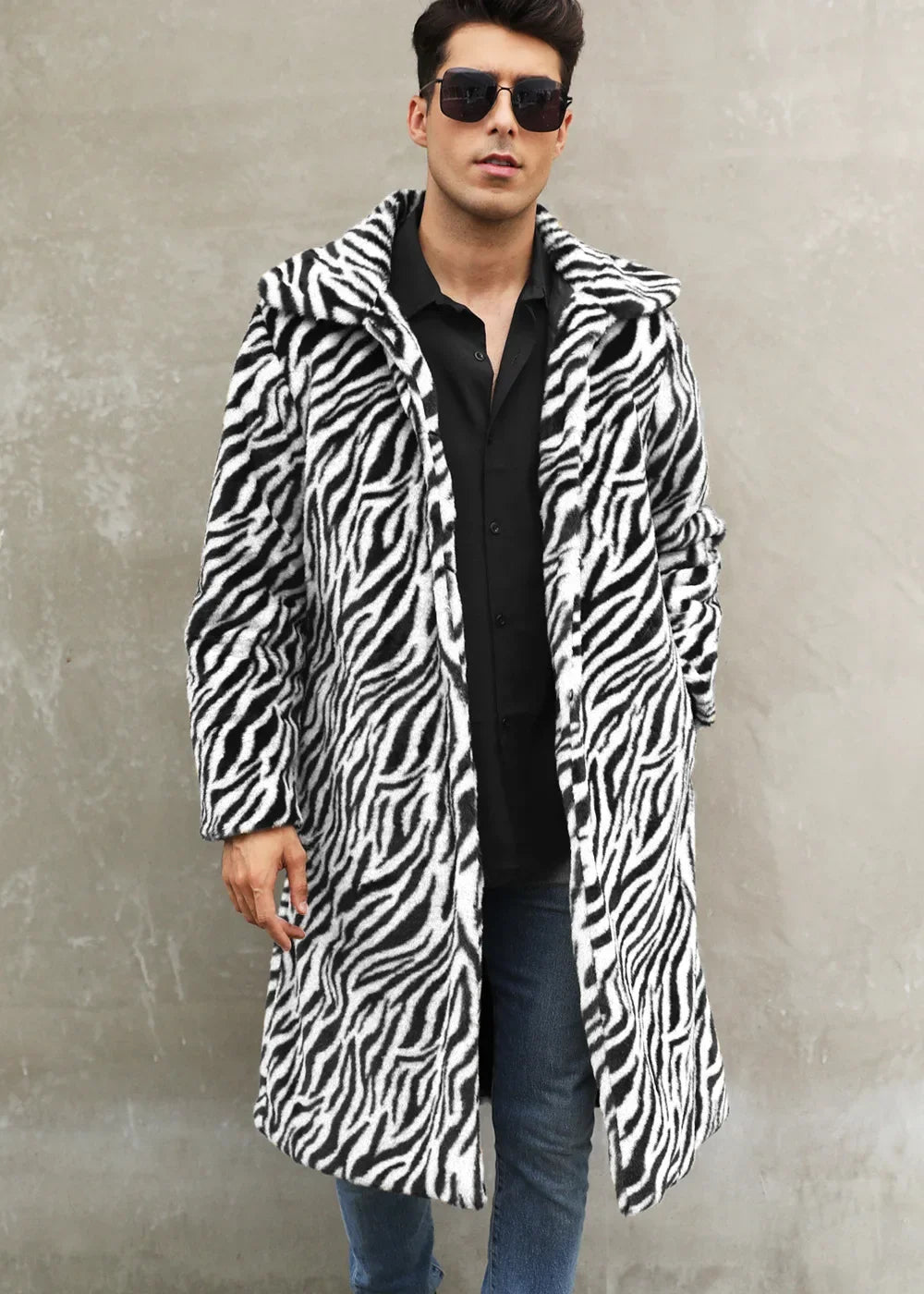 Men Faux Fur Jacket - Thick Warm Winter Coat With Zebra Stripe Fluffy Outerwear - ZOOMNSTORE