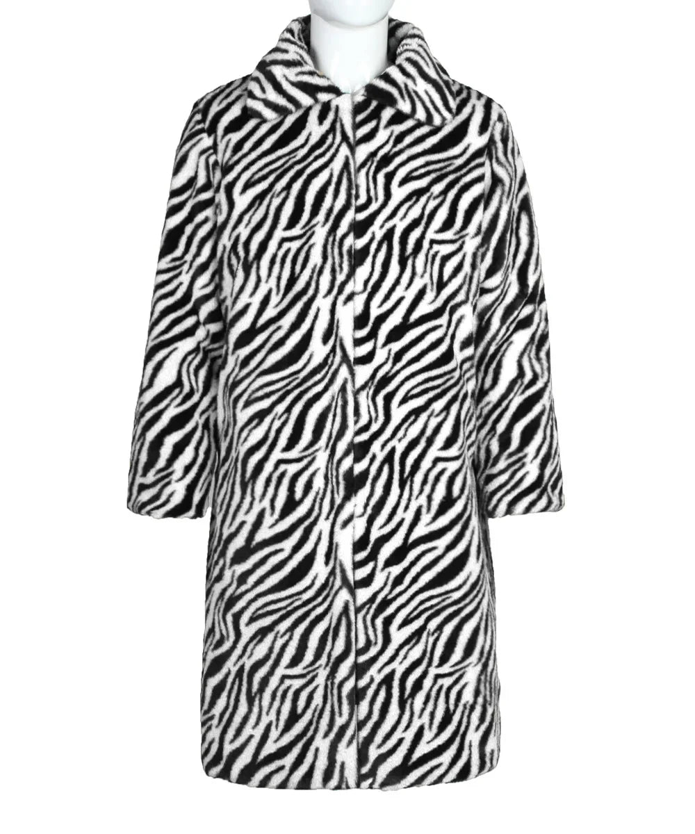 Men Faux Fur Jacket - Thick Warm Winter Coat With Zebra Stripe Fluffy Outerwear - ZOOMNSTORE