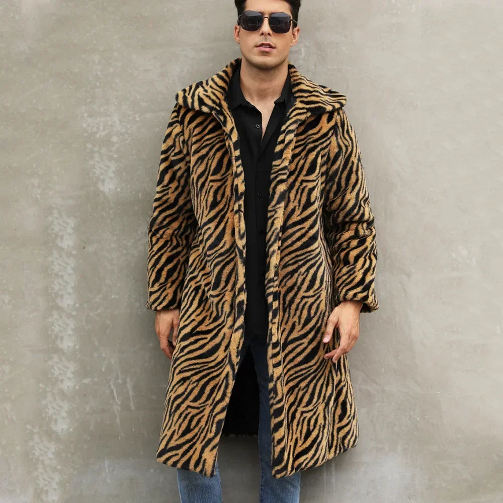 Men Faux Fur Jacket - Thick Warm Winter Coat With Zebra Stripe Fluffy Outerwear - ZOOMNSTORE